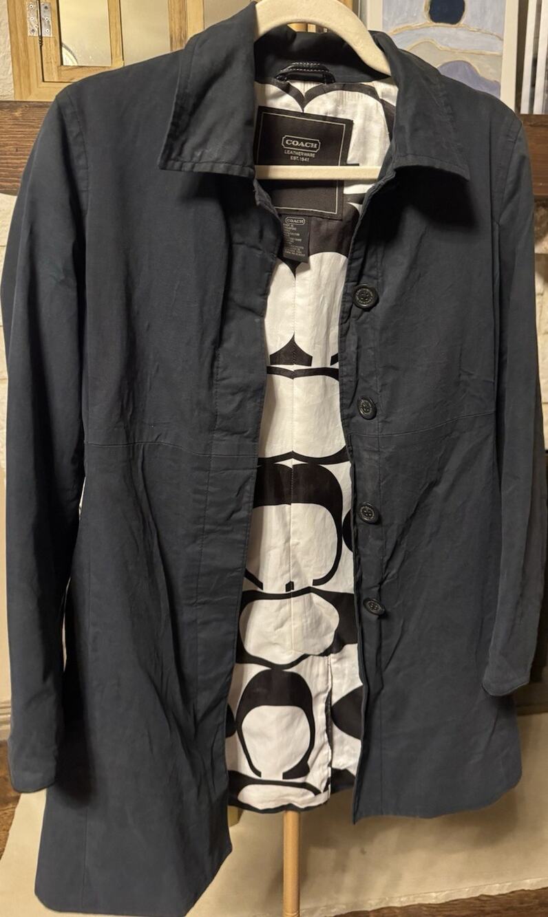 Coach Women's Navy Jacket XS Button Front Collared Lined Mid-Length Long Sleeve